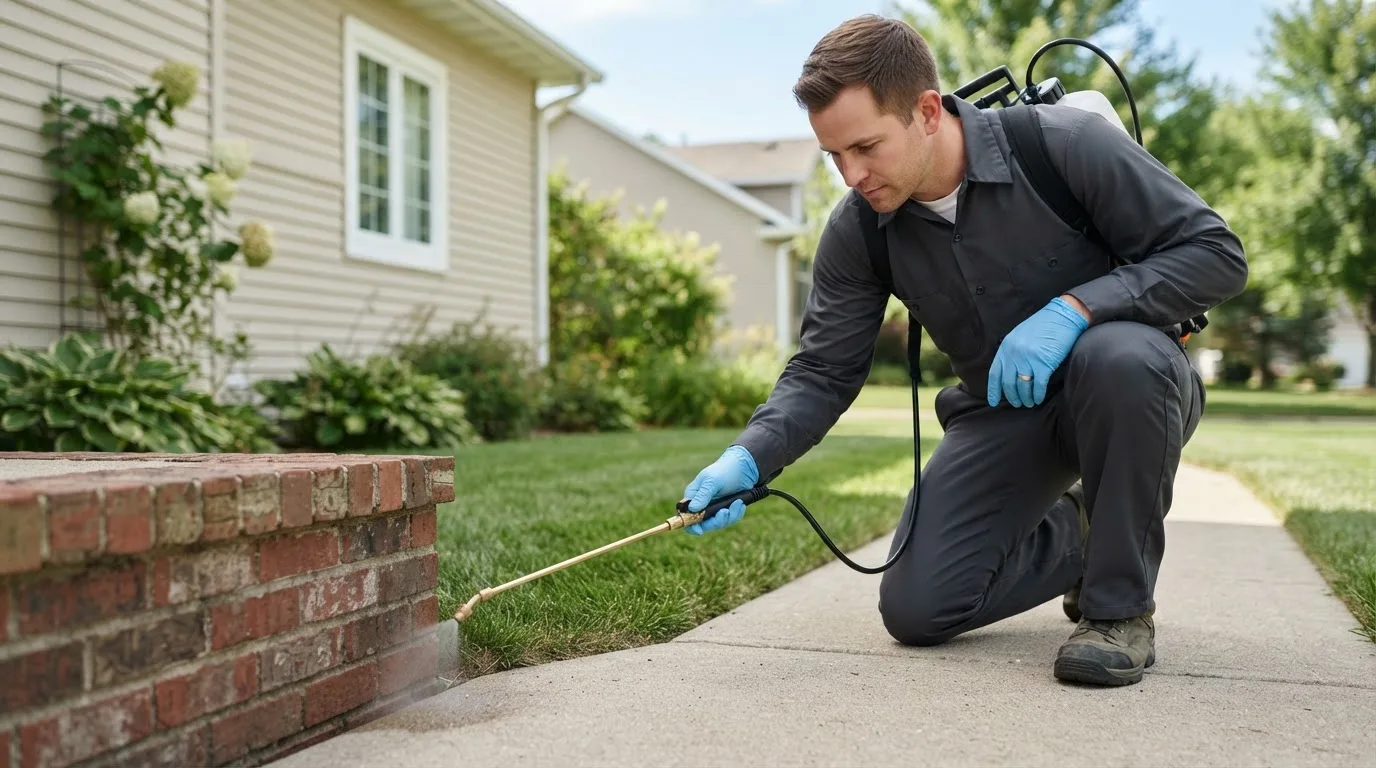 Pest control technician treating a home near Fairport, NY