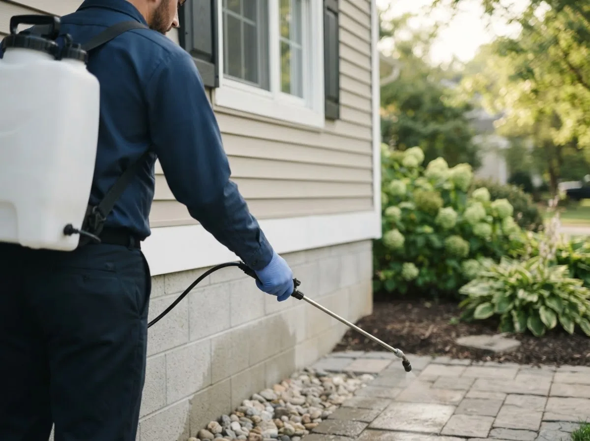 Pest control technician inspecting a home in Fairport, NY
